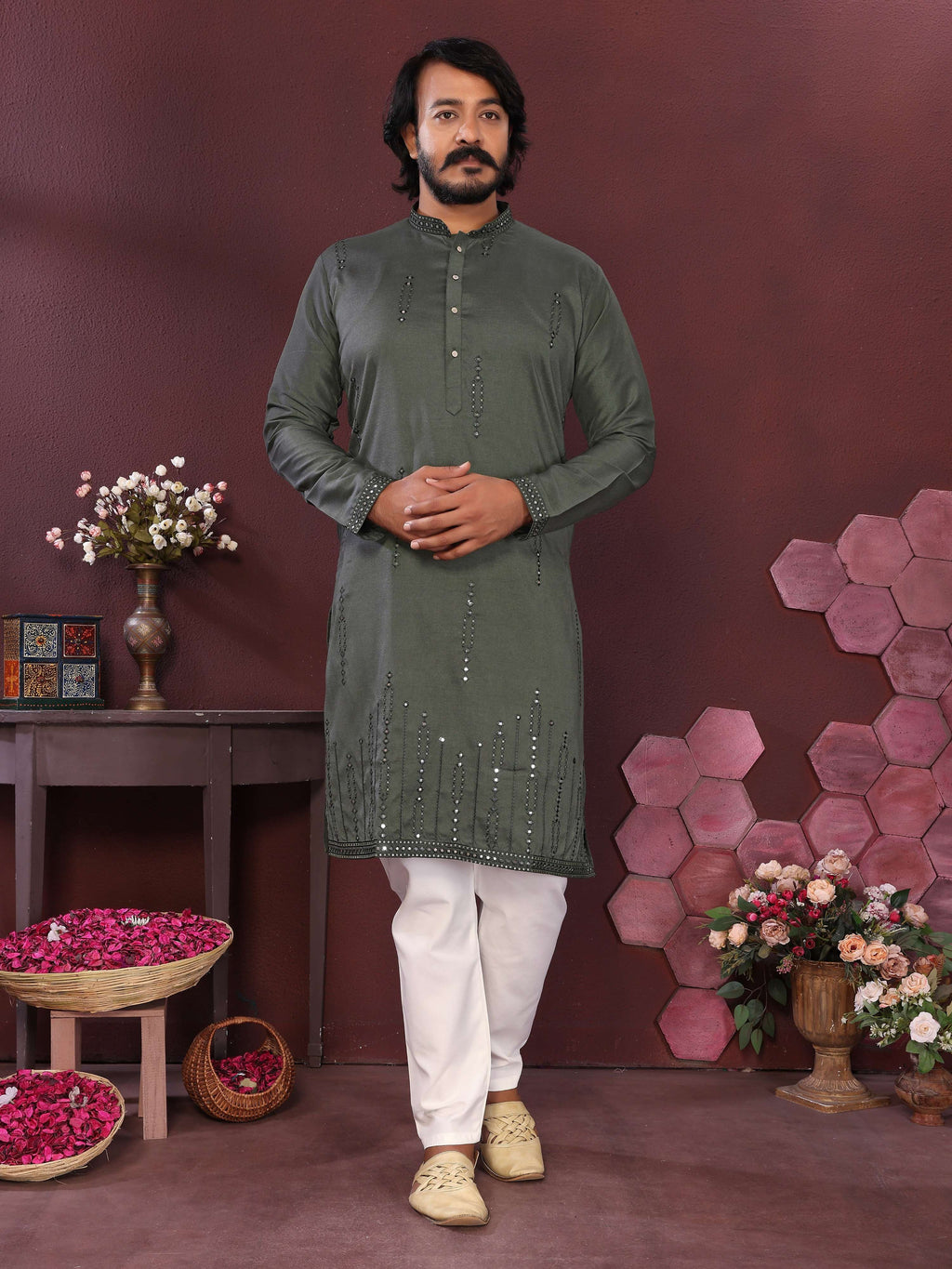 Jyoti Fashion Men's Green Mirror Embroidery Kurta with Pajama | Grocsy
