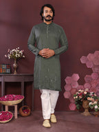 Jyoti Fashion Men's Green Mirror Embroidery Kurta with Pajama | Grocsy
