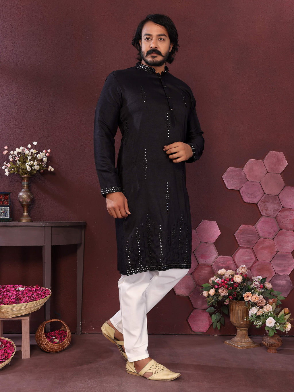 Jyoti Fashion Men's Black Mirror Embroidery Kurta with Pajama | Grocsy