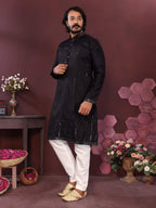 Jyoti Fashion Men's Black Mirror Embroidery Kurta with Pajama | Grocsy