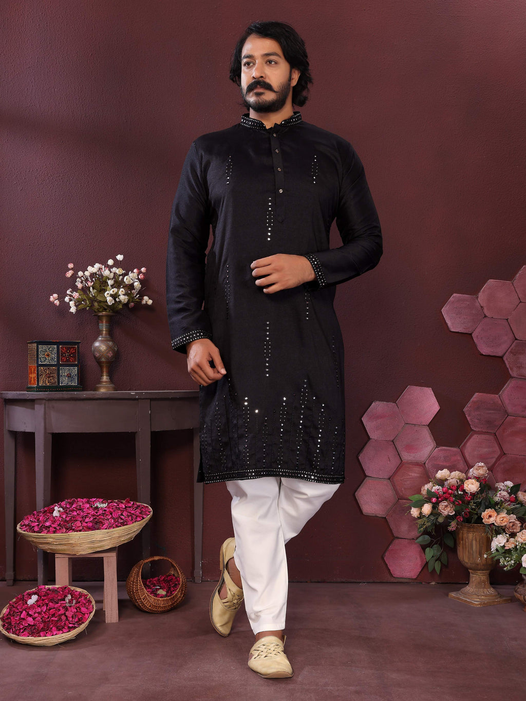 Jyoti Fashion Men's Black Mirror Embroidery Kurta with Pajama | Grocsy