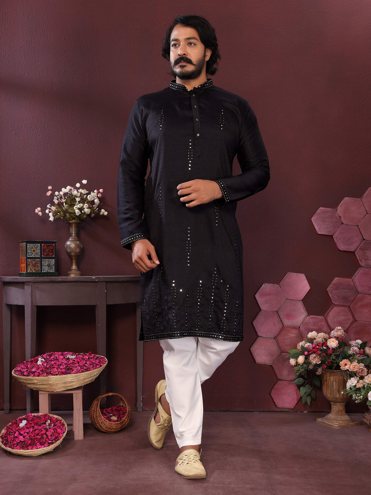 Jyoti Fashion Men's Black Mirror Embroidery Kurta with Pajama | Grocsy