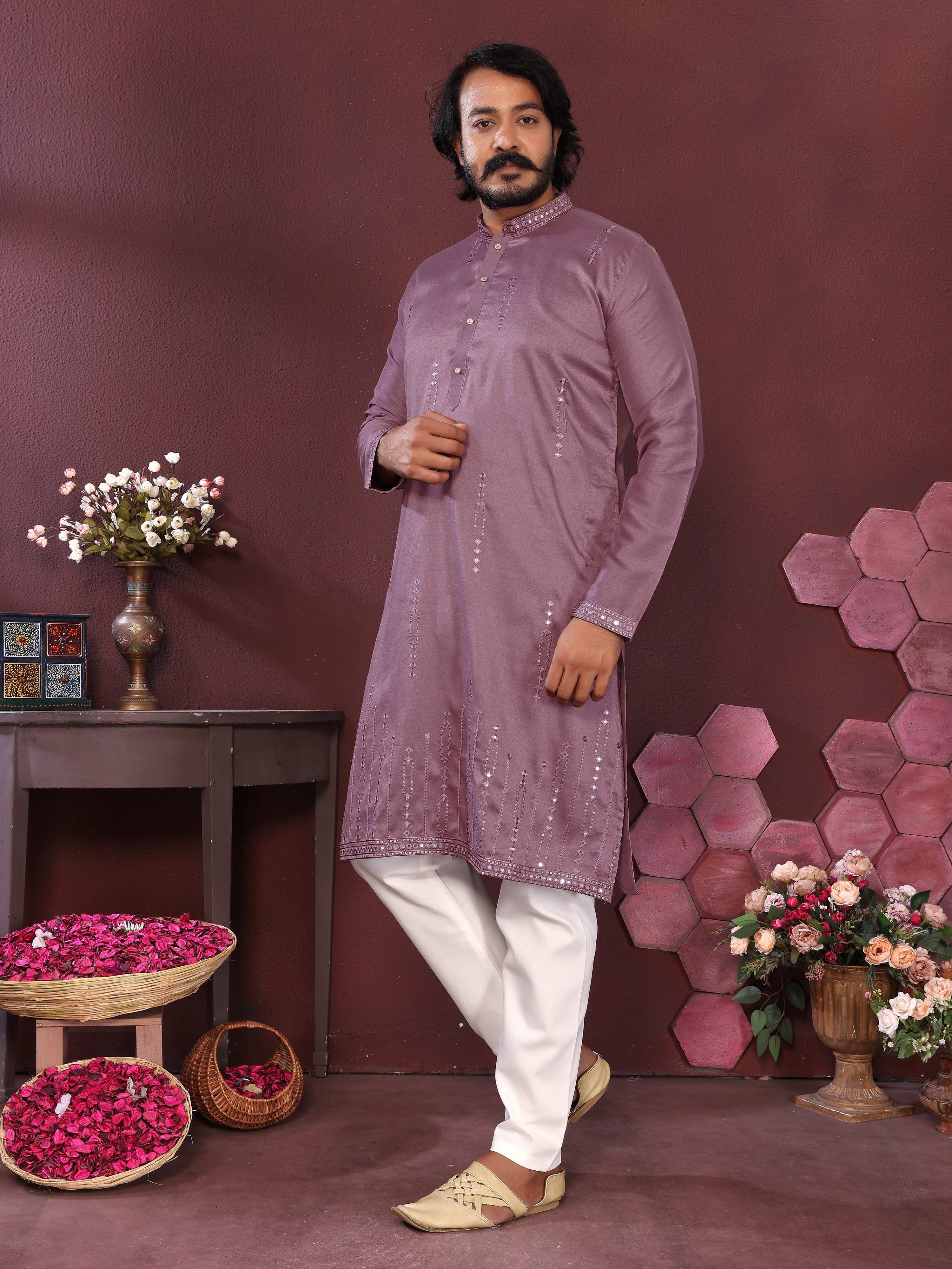 Jyoti Fashion Men's Purple Mirror Embroidery Kurta with Pajama | Grocsy