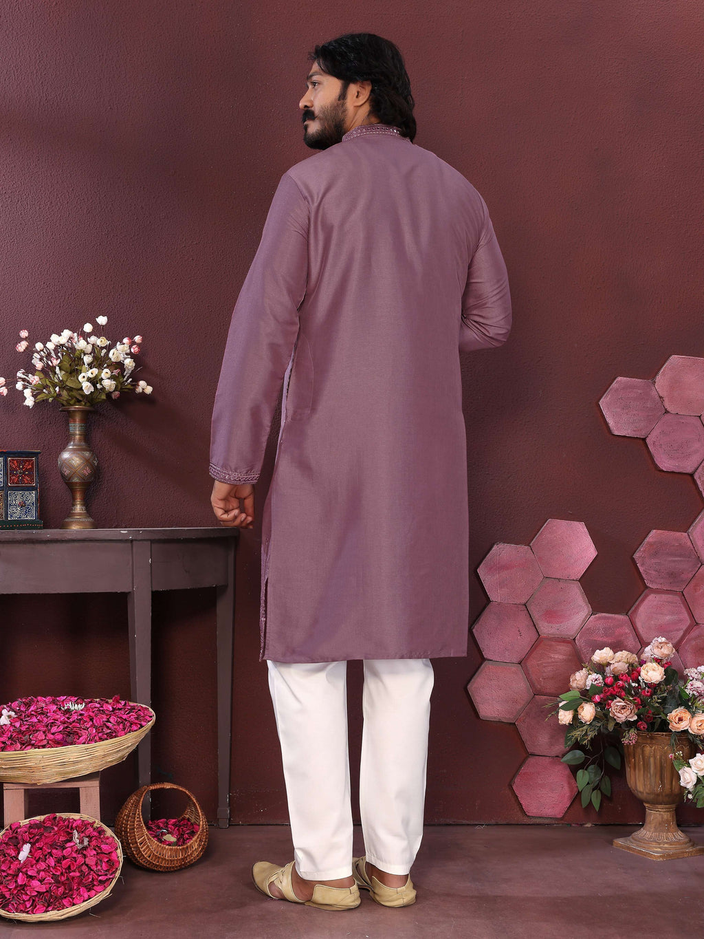 Jyoti Fashion Men's Purple Mirror Embroidery Kurta with Pajama | Grocsy