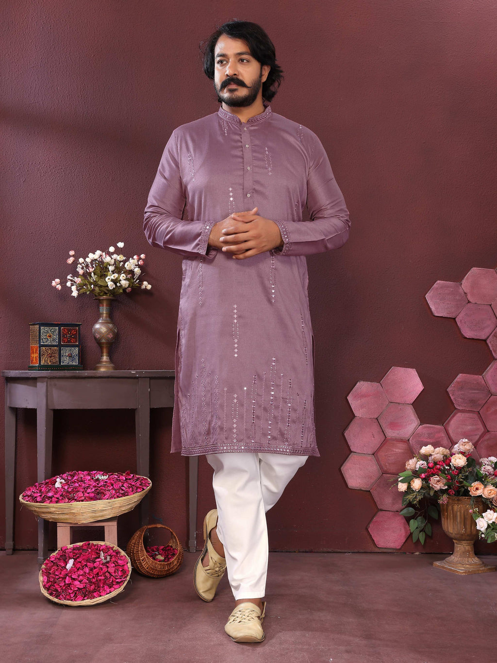 Jyoti Fashion Men's Purple Mirror Embroidery Kurta with Pajama | Grocsy