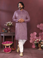 Jyoti Fashion Men's Purple Mirror Embroidery Kurta with Pajama | Grocsy
