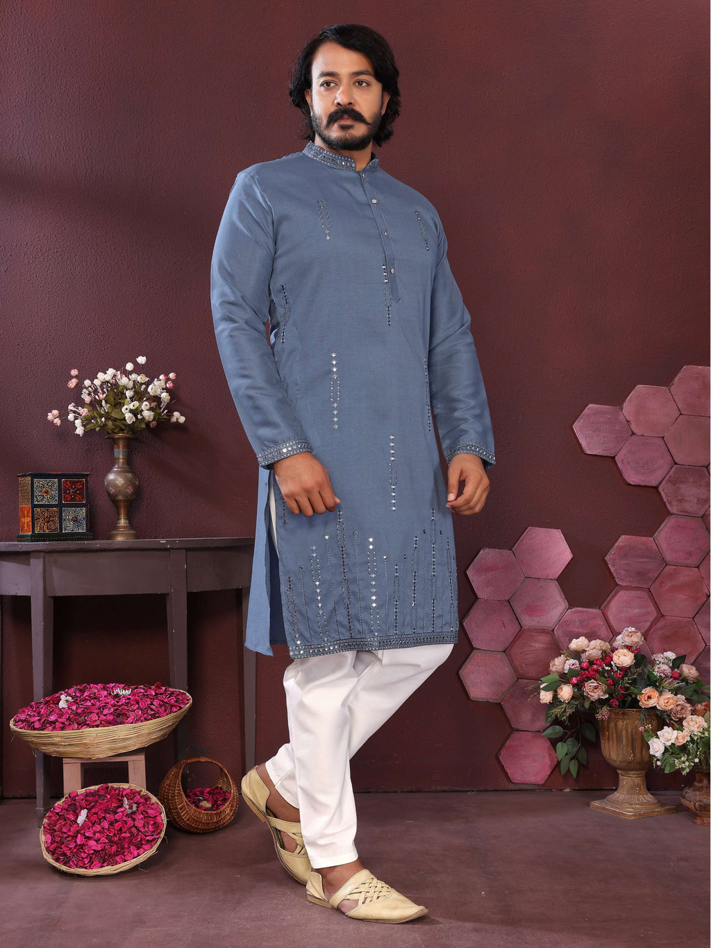 Jyoti Fashion Men's Blue Mirror Embroidery Kurta with Pajama | Grocsy