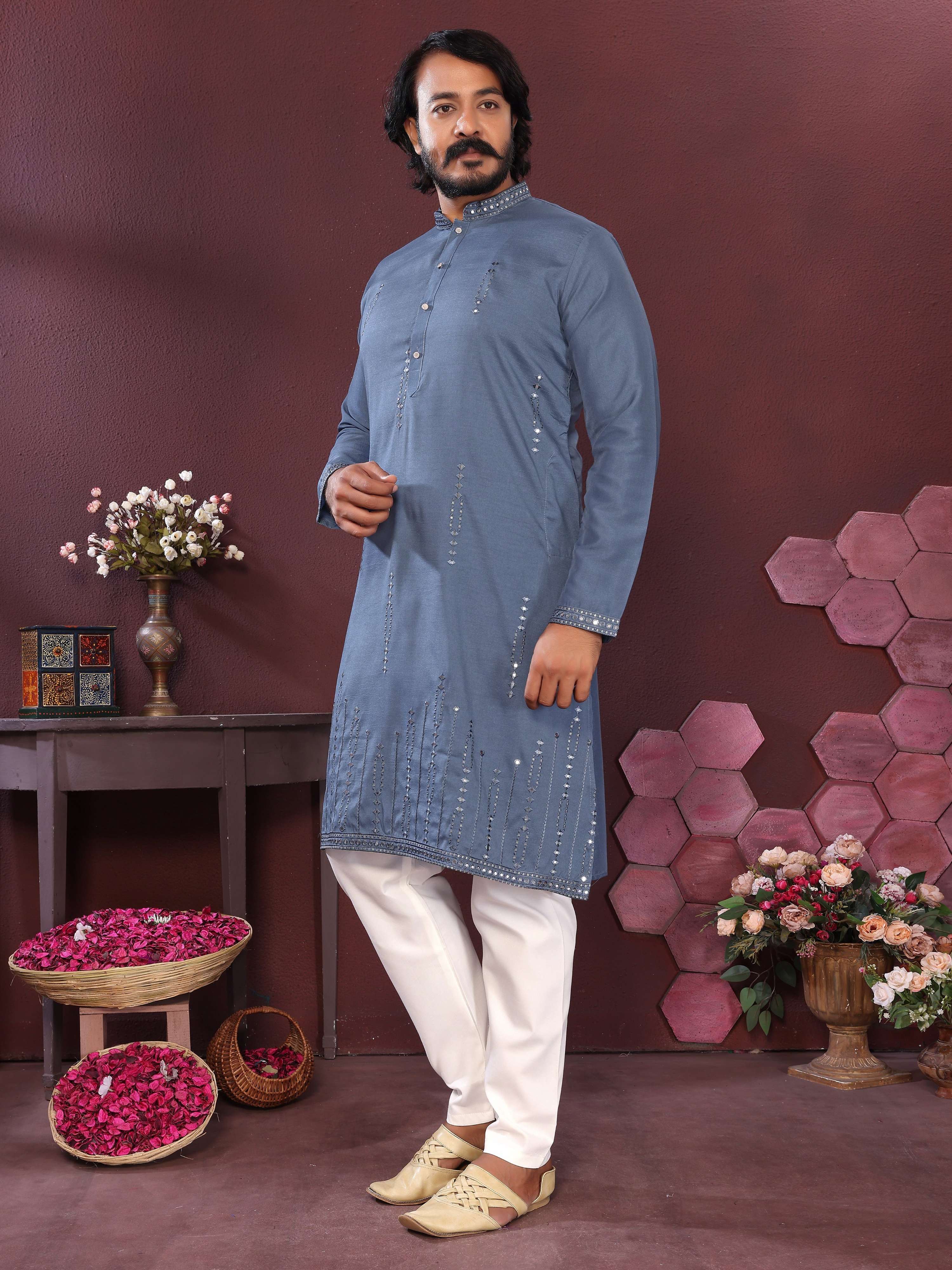 Jyoti Fashion Men's Blue Mirror Embroidery Kurta with Pajama | Grocsy