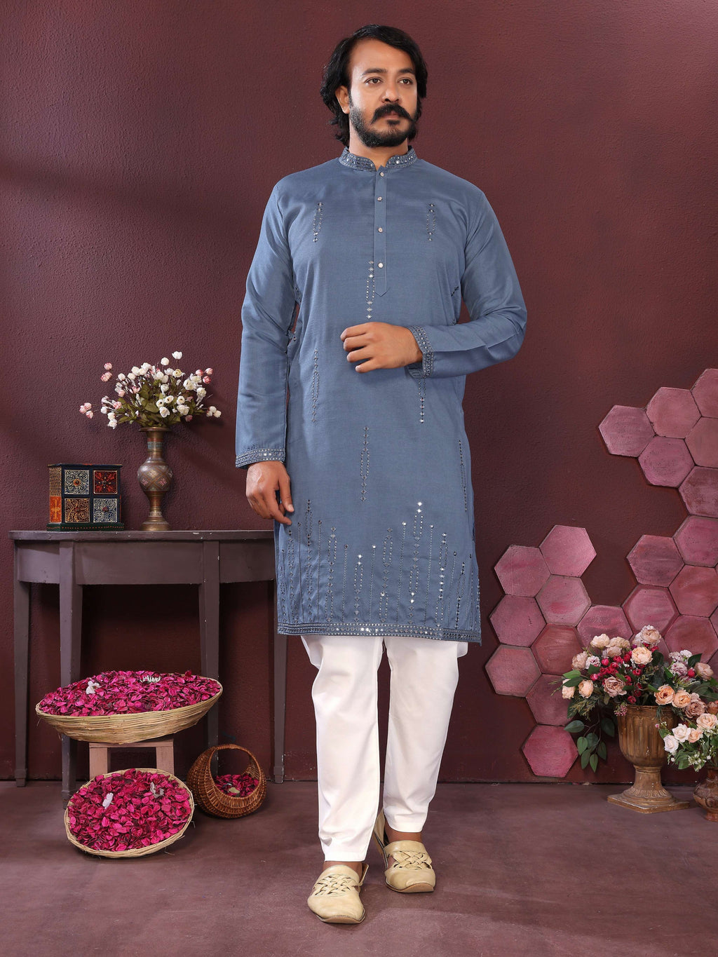 Jyoti Fashion Men's Blue Mirror Embroidery Kurta with Pajama | Grocsy