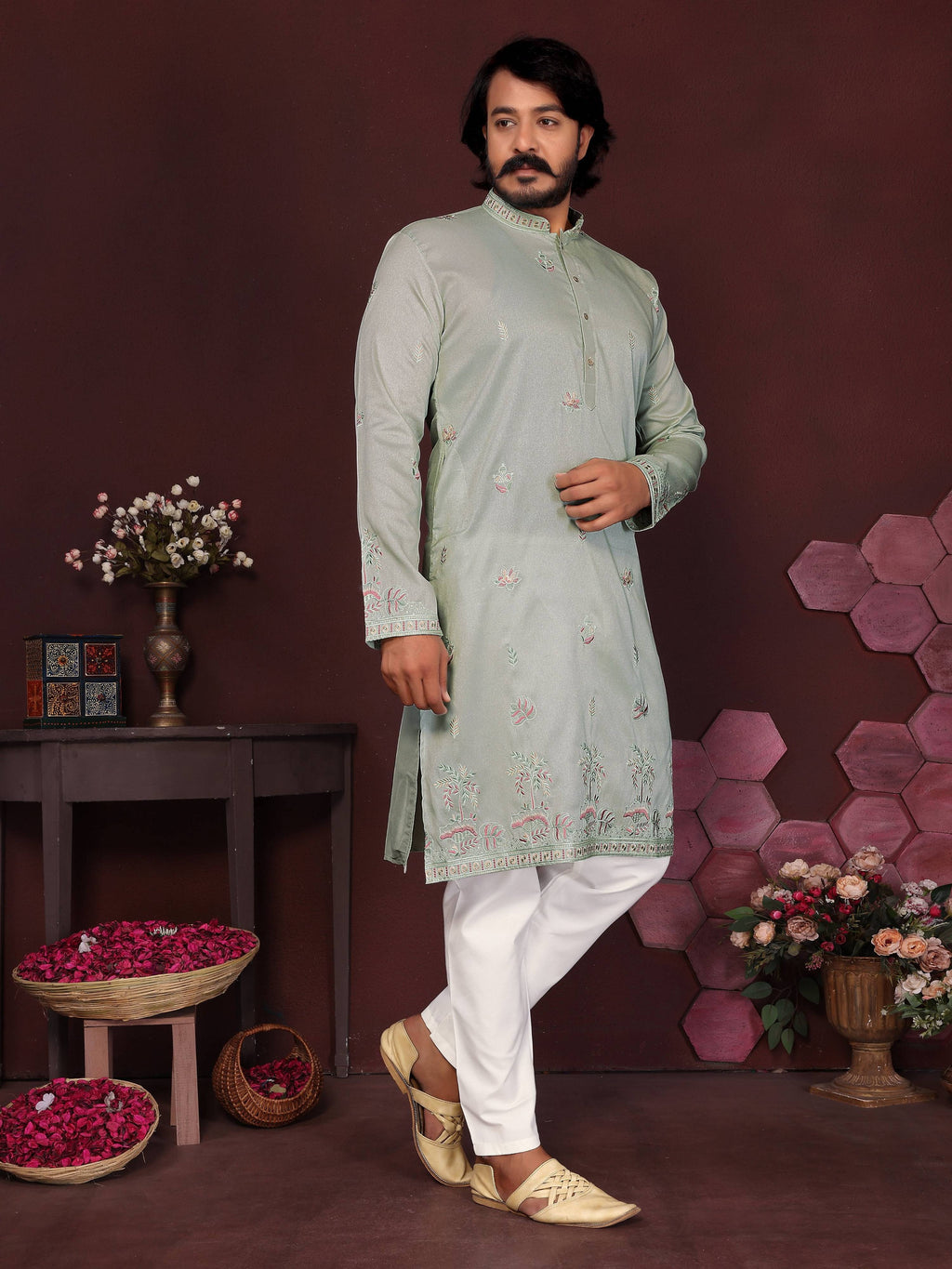 Jyoti Fashion Men's Grey Sequins Embroidered Kurta with Pajama | Grocsy