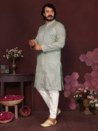 Jyoti Fashion Men's Grey Sequins Embroidered Kurta with Pajama | Grocsy