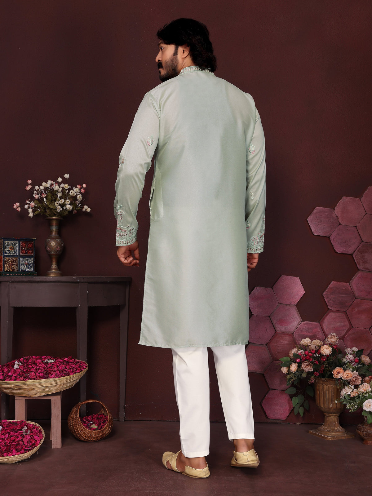 Jyoti Fashion Men's Grey Sequins Embroidered Kurta with Pajama | Grocsy