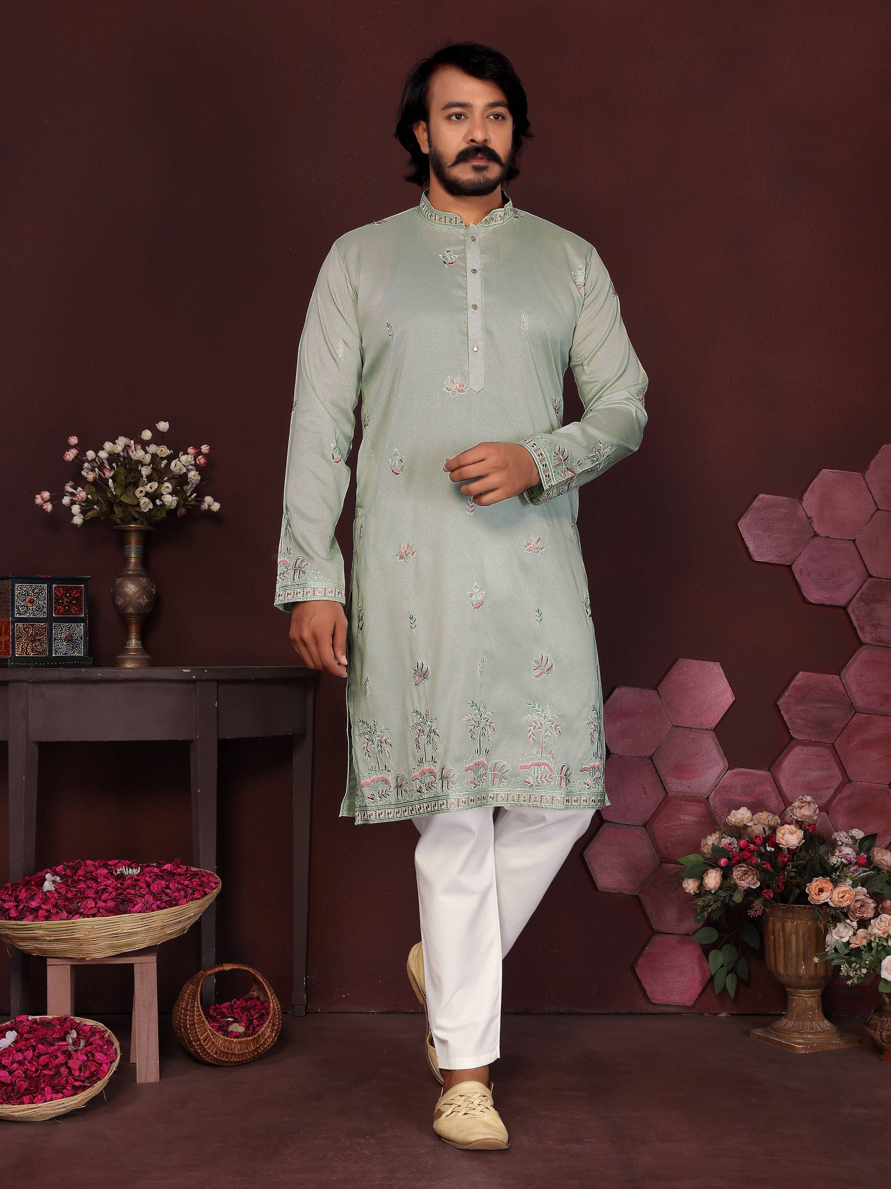 Jyoti Fashion Men's Grey Sequins Embroidered Kurta with Pajama | Grocsy
