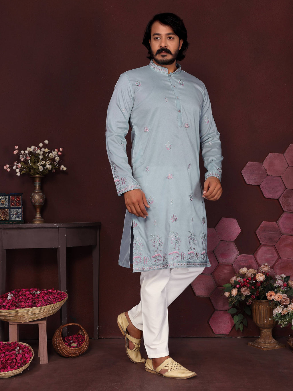 Jyoti Fashion Men's Blue Sequins Embroidered Kurta with Pajama | Grocsy