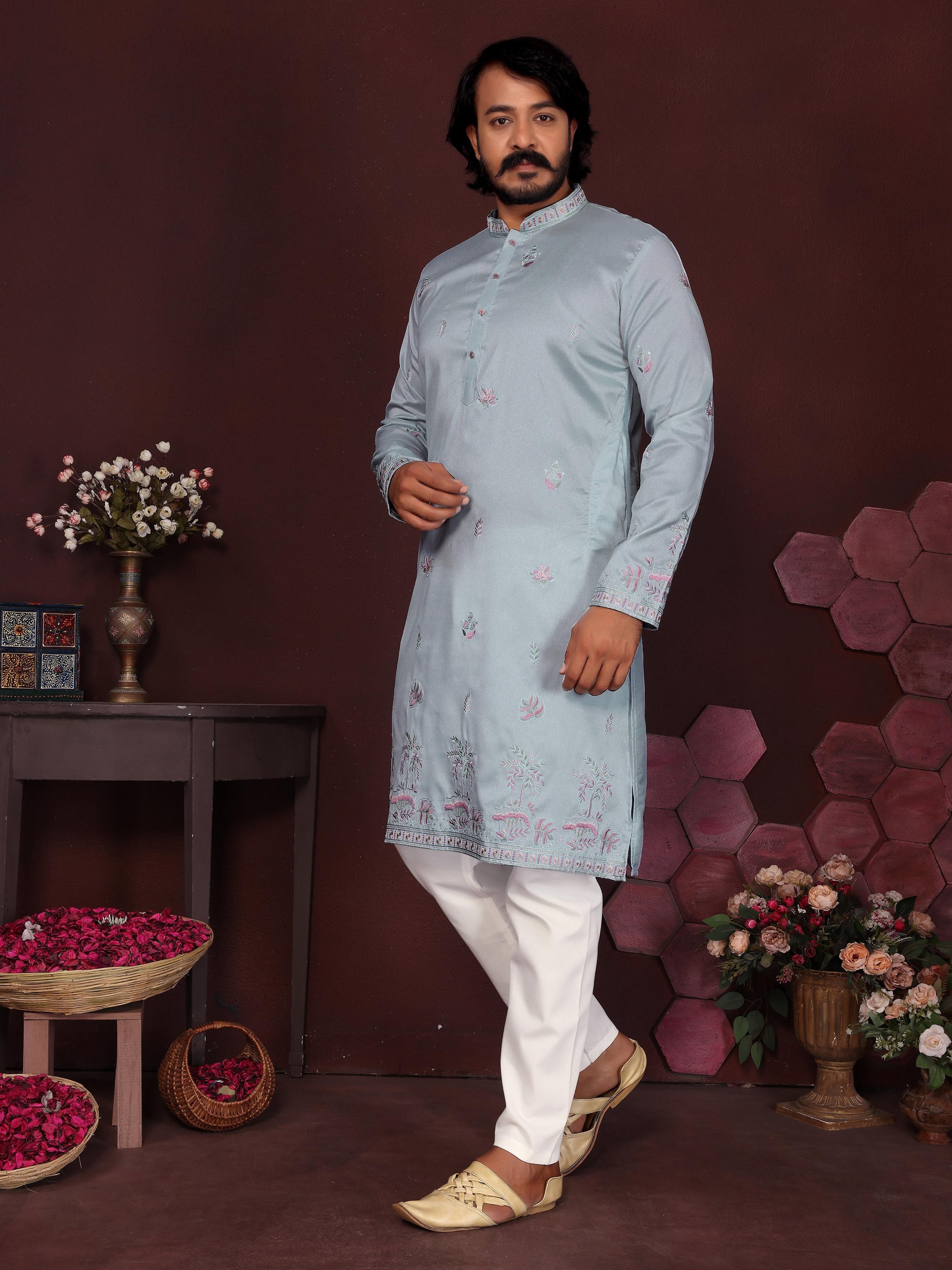Jyoti Fashion Men's Blue Sequins Embroidered Kurta with Pajama | Grocsy