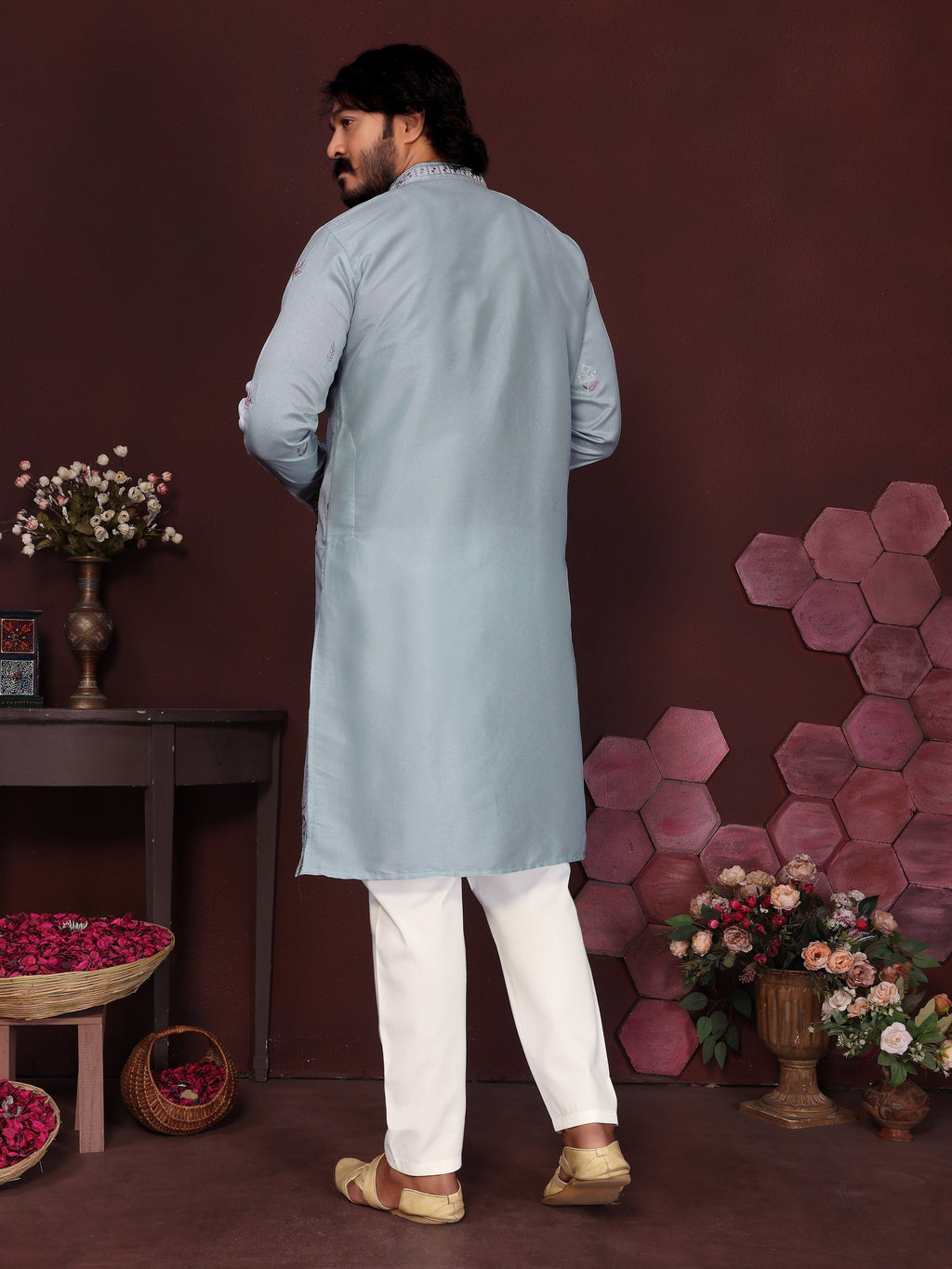 Jyoti Fashion Men's Blue Sequins Embroidered Kurta with Pajama | Grocsy