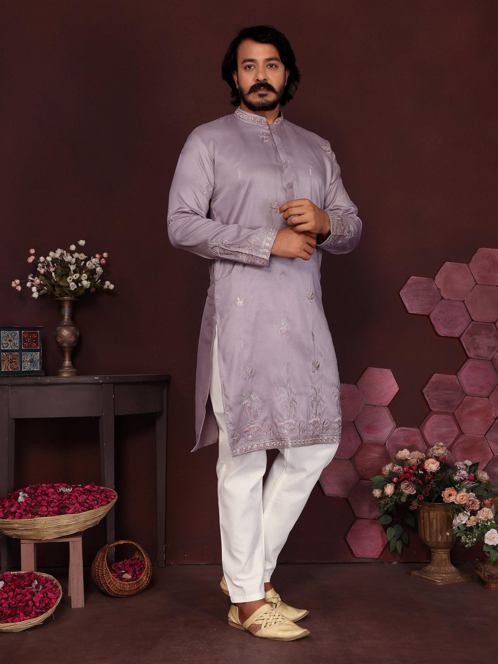 Jyoti Fashion Men's Purple Sequins Embroidered Kurta with Pajama | Grocsy