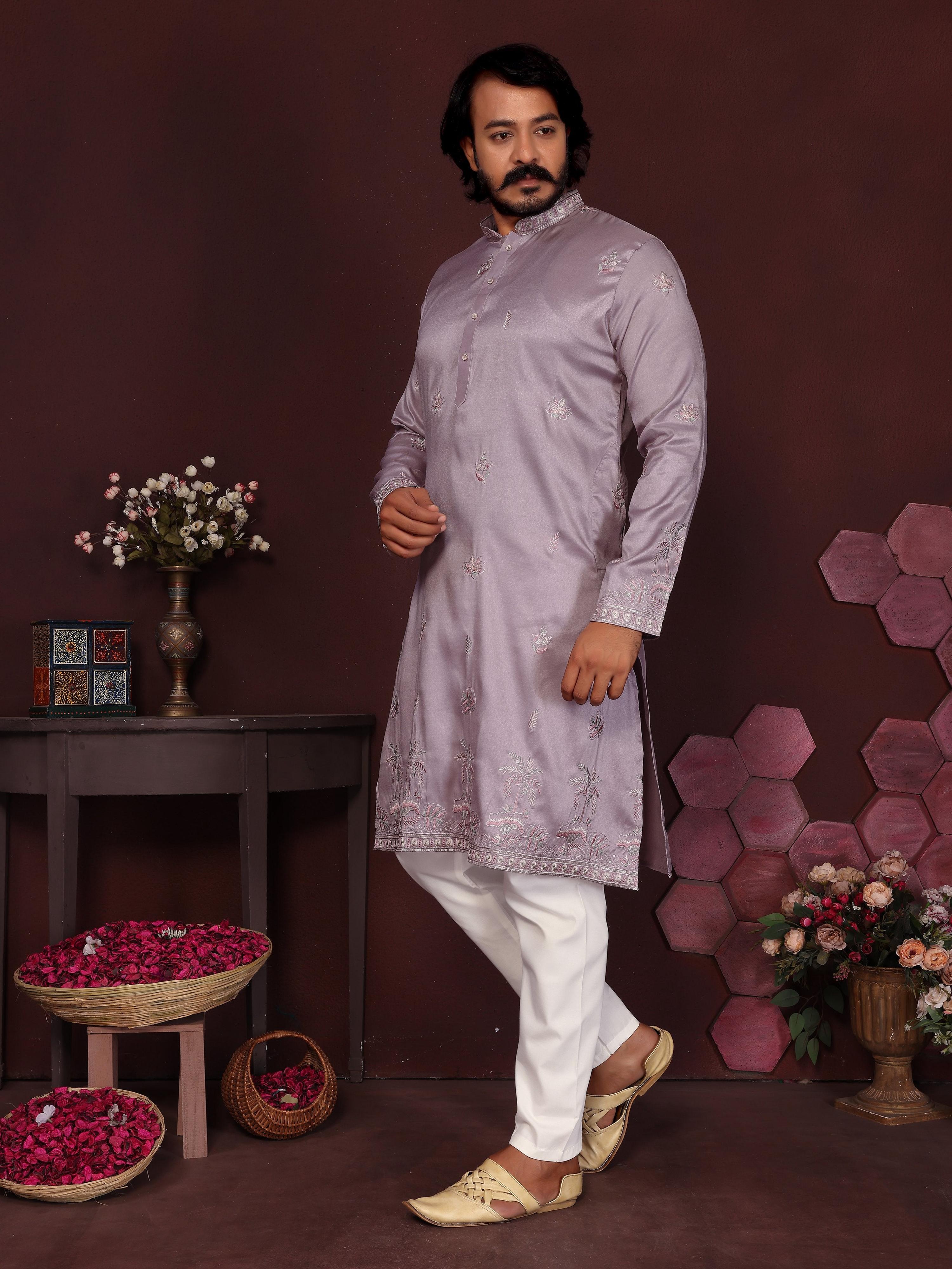 Jyoti Fashion Men's Purple Sequins Embroidered Kurta with Pajama | Grocsy