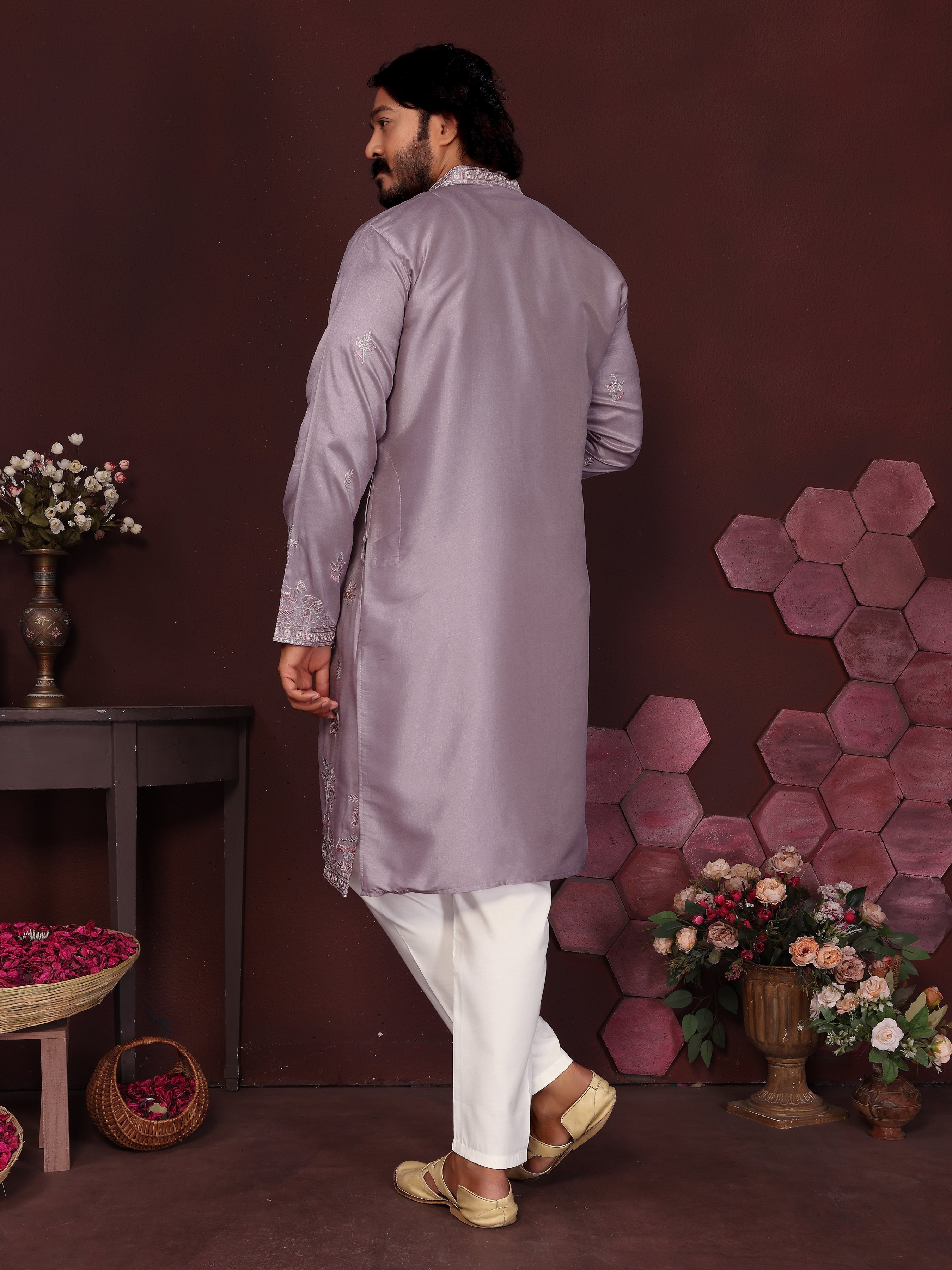 Jyoti Fashion Men's Purple Sequins Embroidered Kurta with Pajama | Grocsy