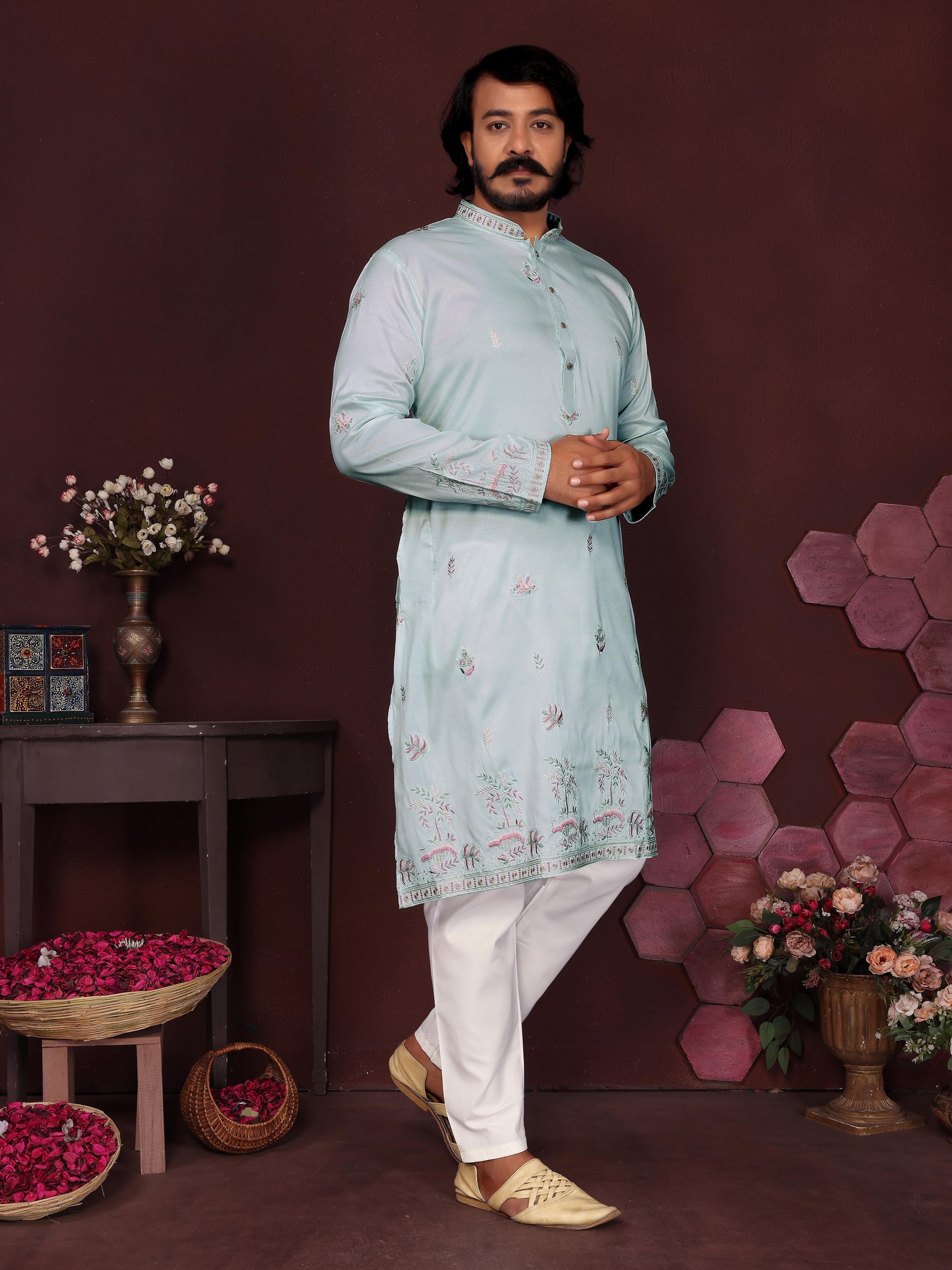 Jyoti Fashion Men's Turquoise Sequins Embroidered Kurta with Pajama | Grocsy
