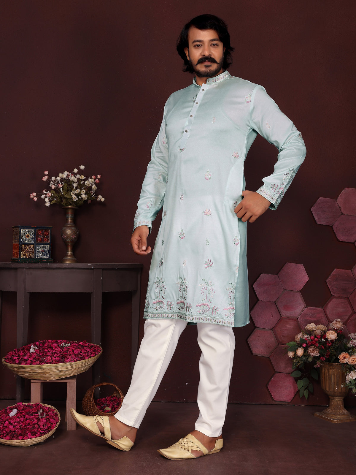 Jyoti Fashion Men's Turquoise Sequins Embroidered Kurta with Pajama | Grocsy