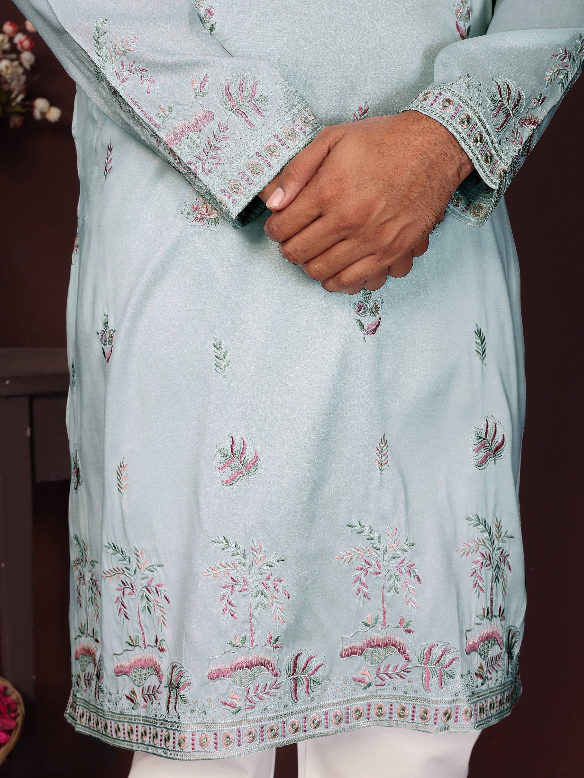 Jyoti Fashion Men's Turquoise Sequins Embroidered Kurta with Pajama | Grocsy