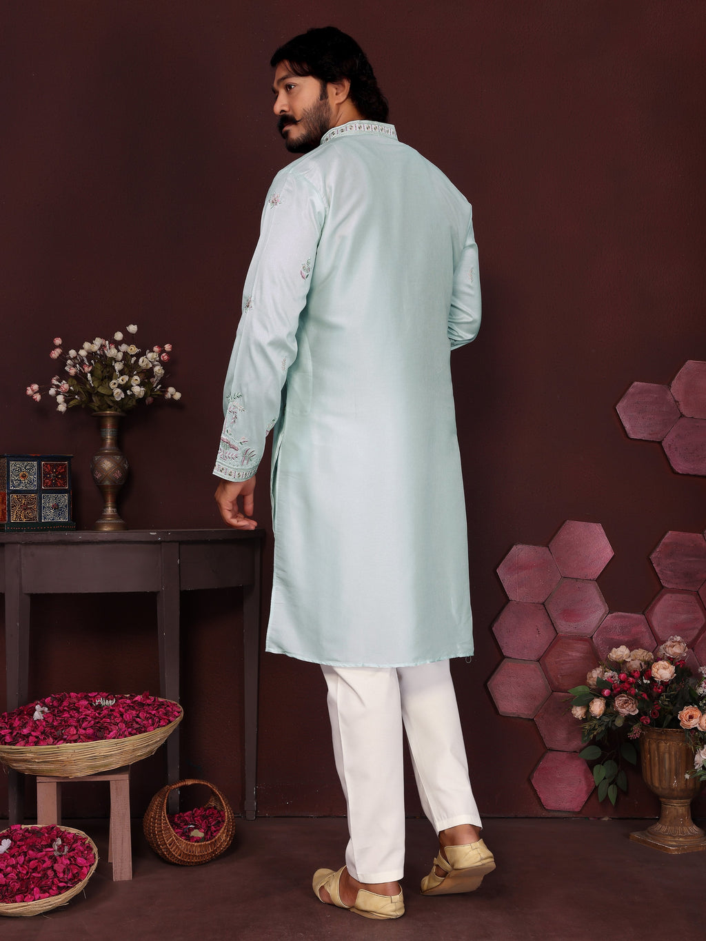 Jyoti Fashion Men's Turquoise Sequins Embroidered Kurta with Pajama | Grocsy