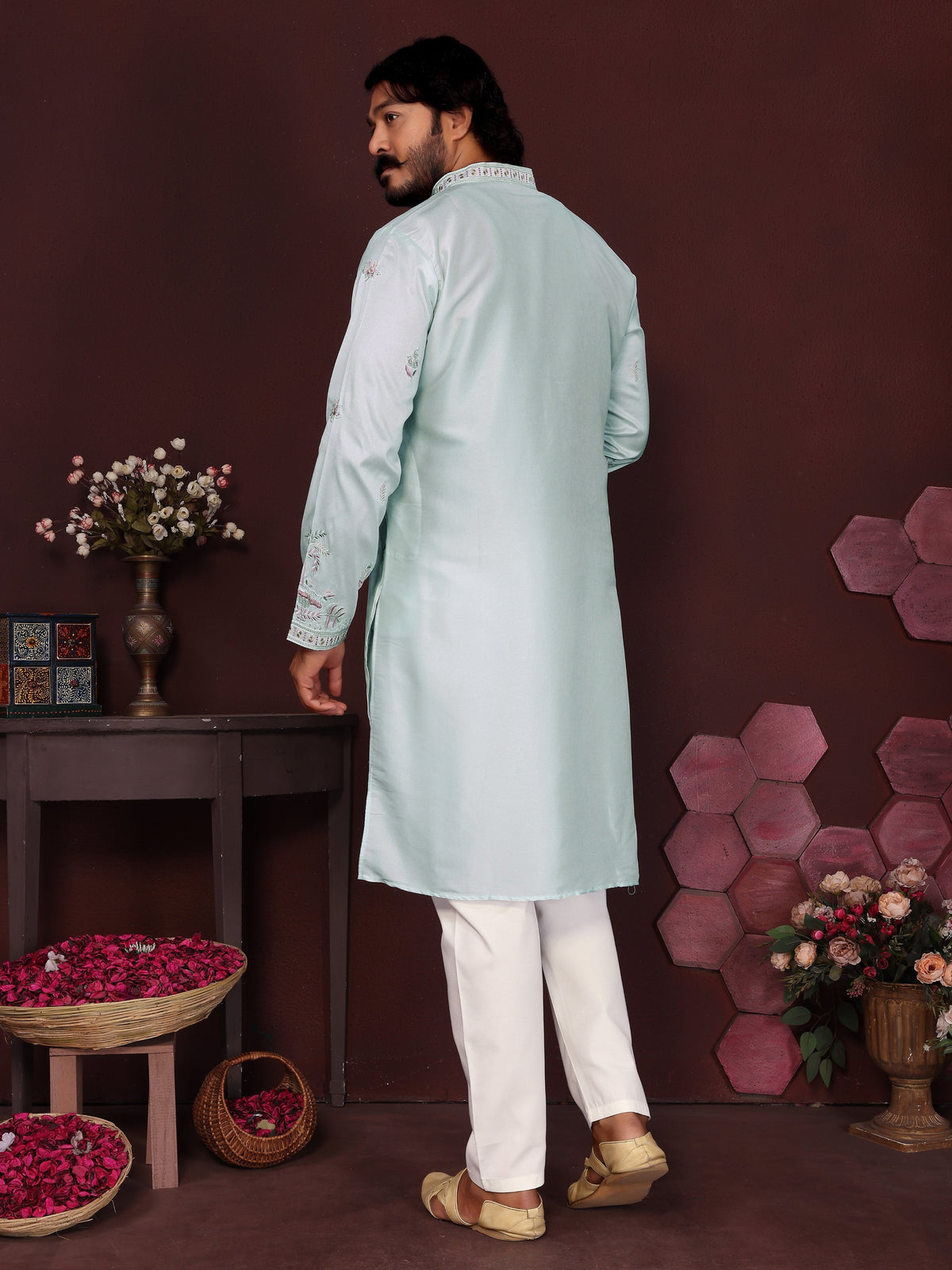 Jyoti Fashion Men's Turquoise Sequins Embroidered Kurta with Pajama | Grocsy