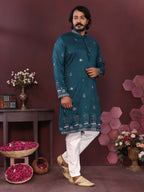 Jyoti Fashion Men's Teal Sequins Embroidered Kurta with Pajama | Grocsy