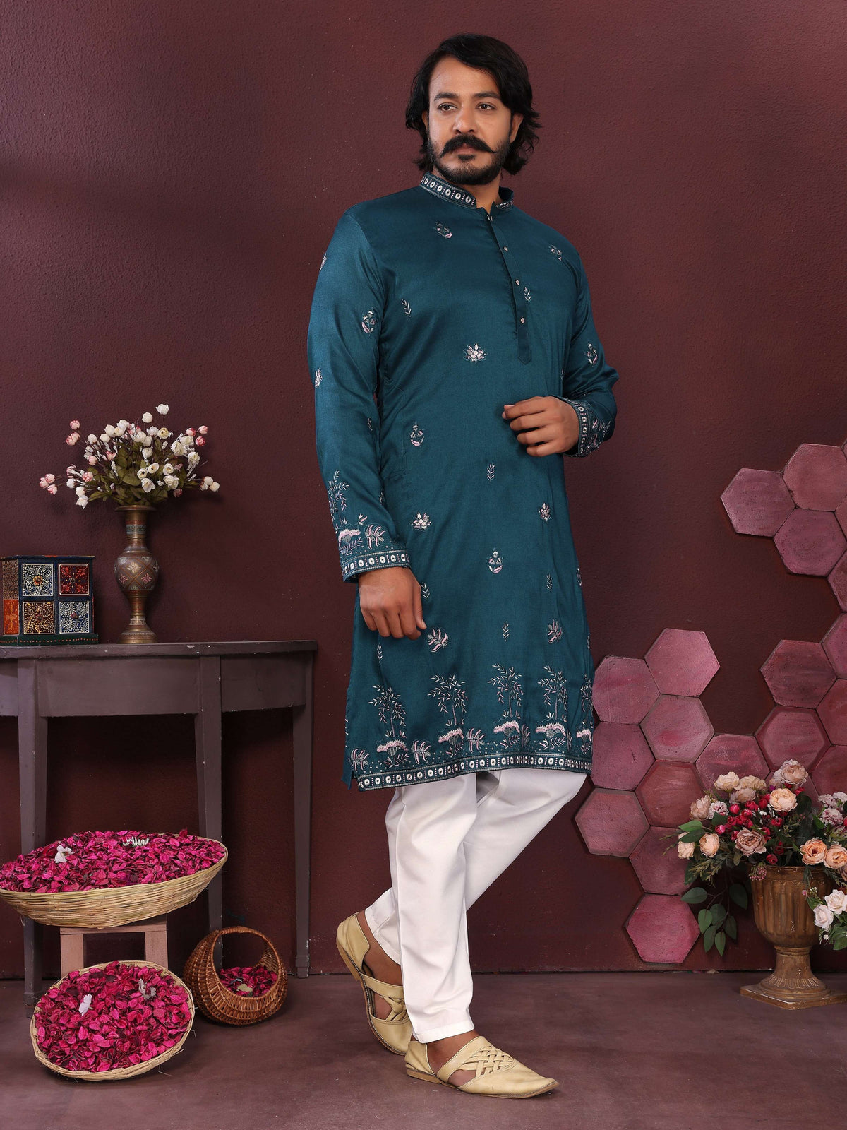 Jyoti Fashion Men's Teal Sequins Embroidered Kurta with Pajama | Grocsy