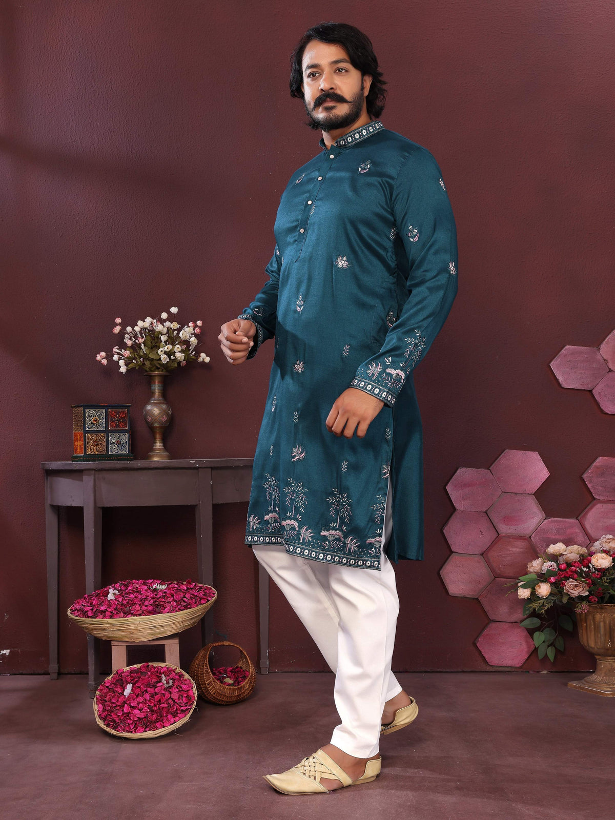 Jyoti Fashion Men's Teal Sequins Embroidered Kurta with Pajama | Grocsy