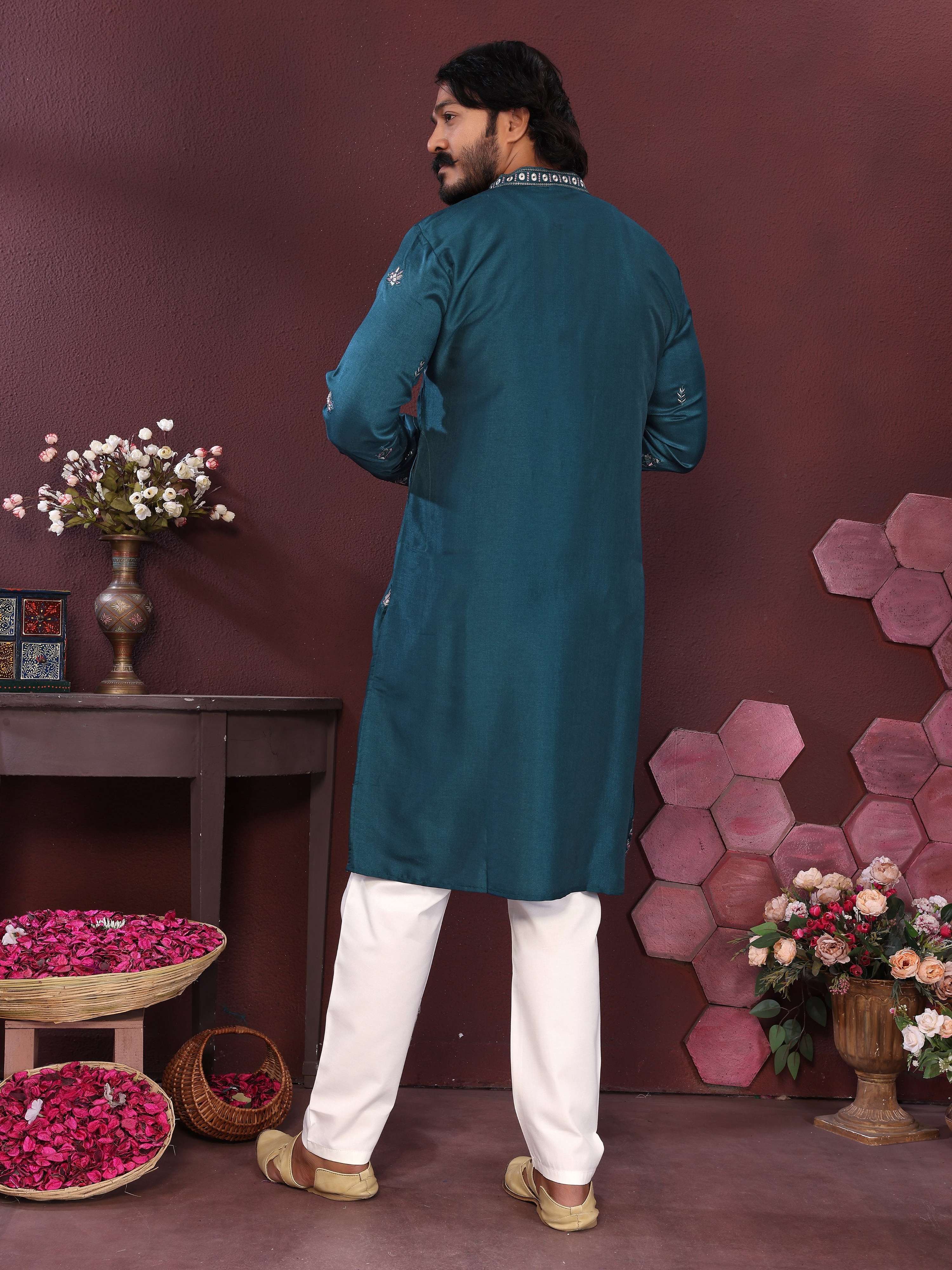 Jyoti Fashion Men's Teal Sequins Embroidered Kurta with Pajama | Grocsy