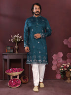 Jyoti Fashion Men's Teal Sequins Embroidered Kurta with Pajama | Grocsy