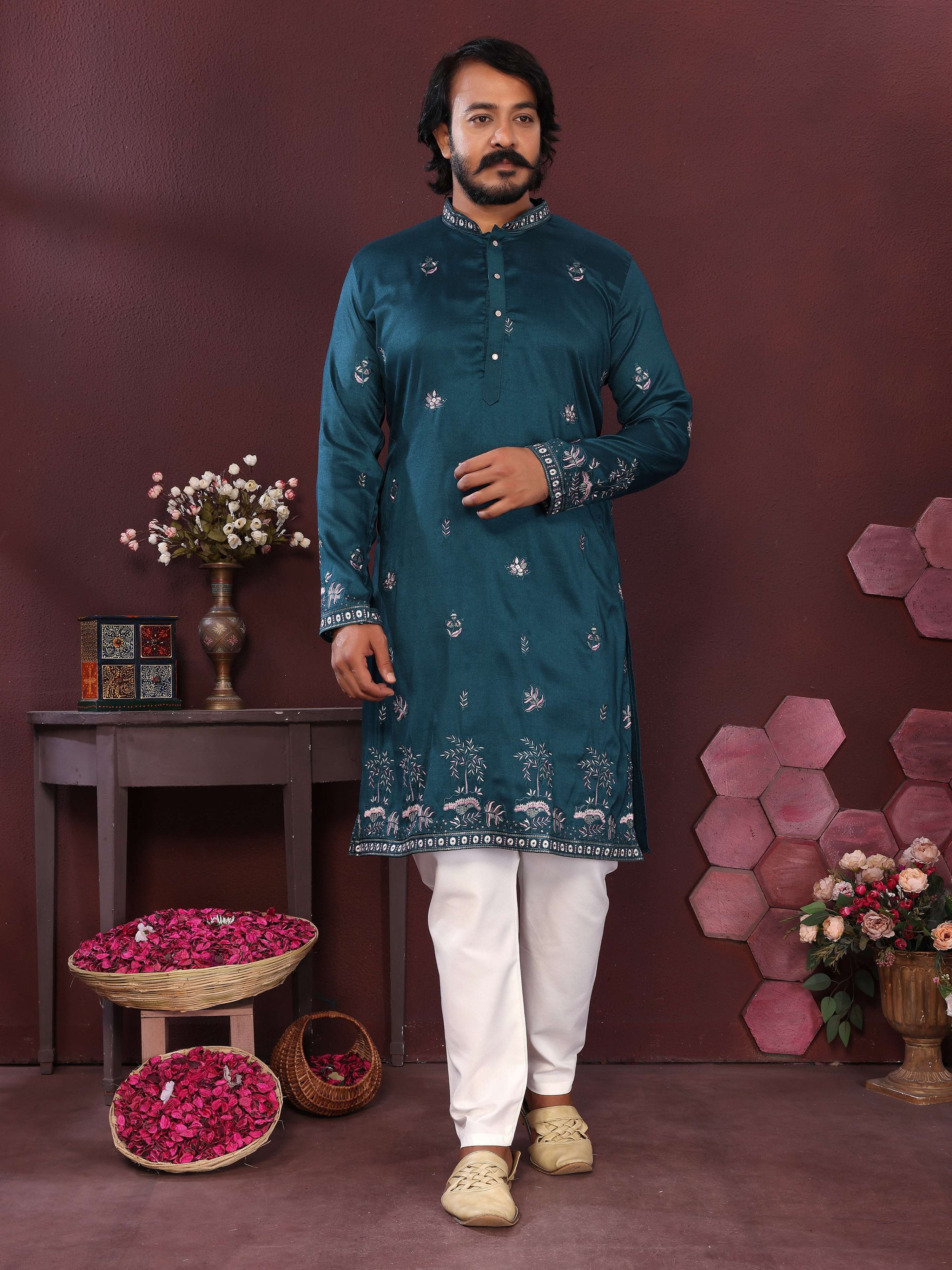 Jyoti Fashion Men's Teal Sequins Embroidered Kurta with Pajama | Grocsy