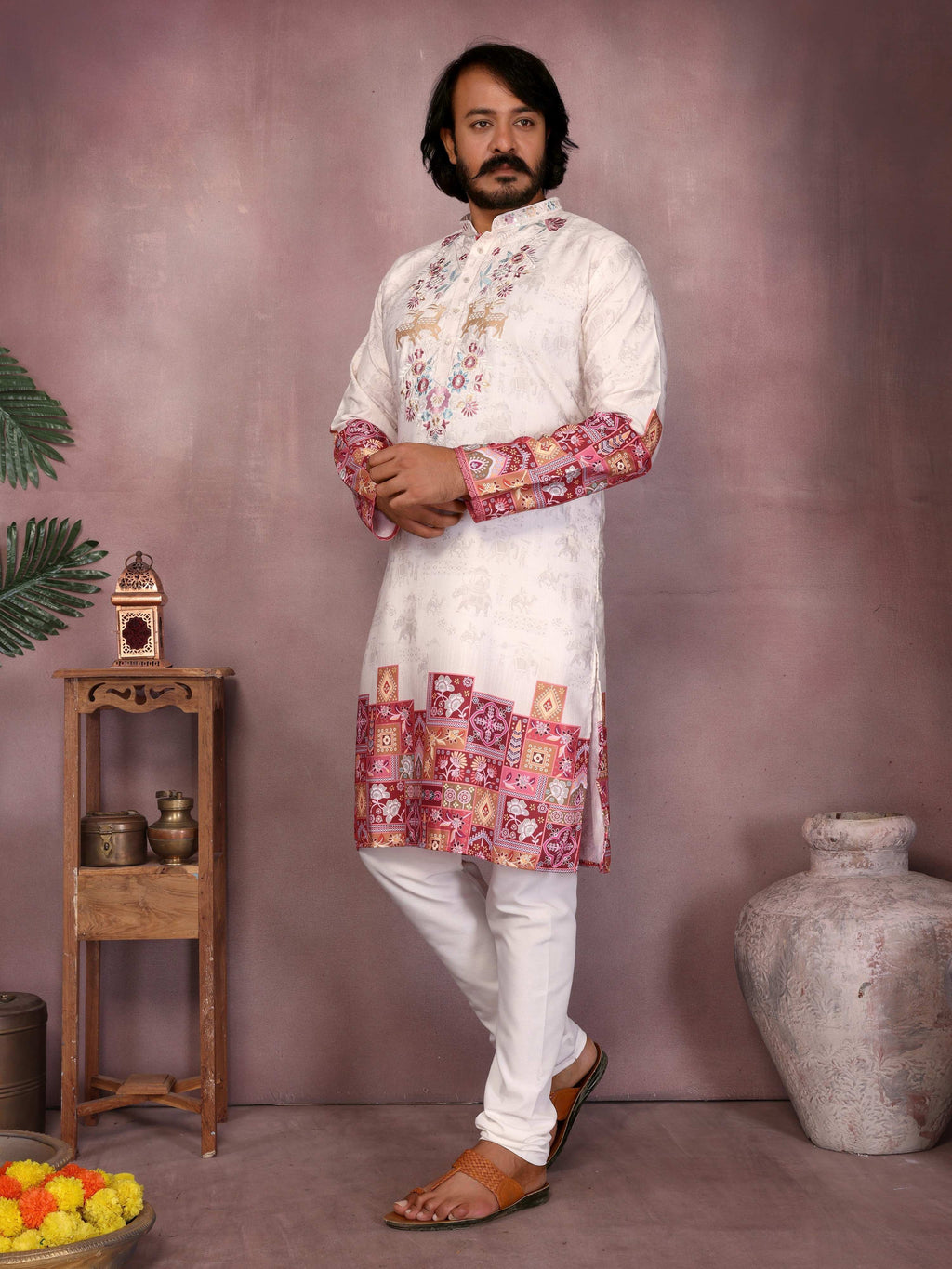 Jyoti Fashion Men's White Sequins Embroidered Kurta with Pajama | Grocsy