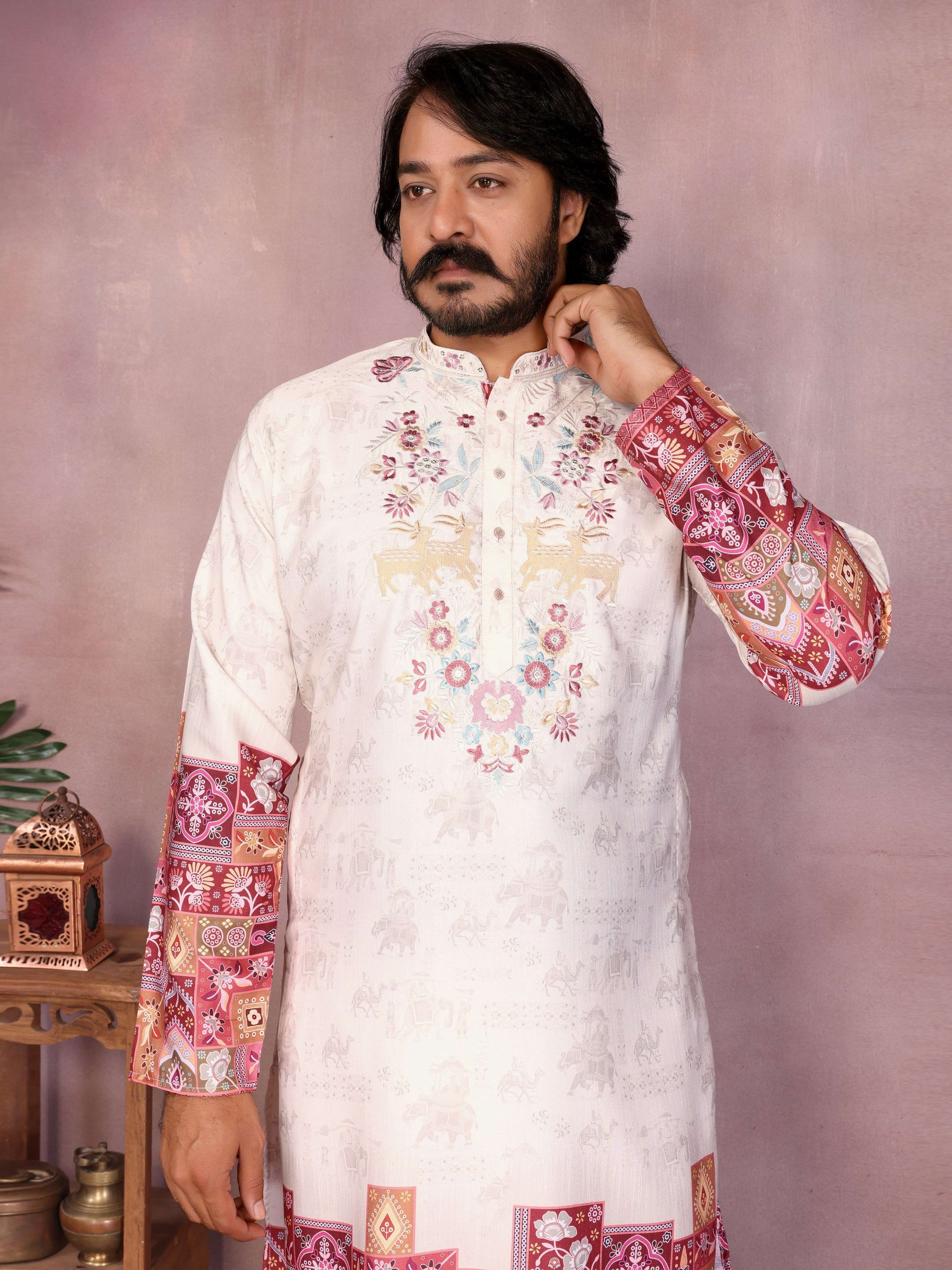 Jyoti Fashion Men's White Sequins Embroidered Kurta with Pajama | Grocsy