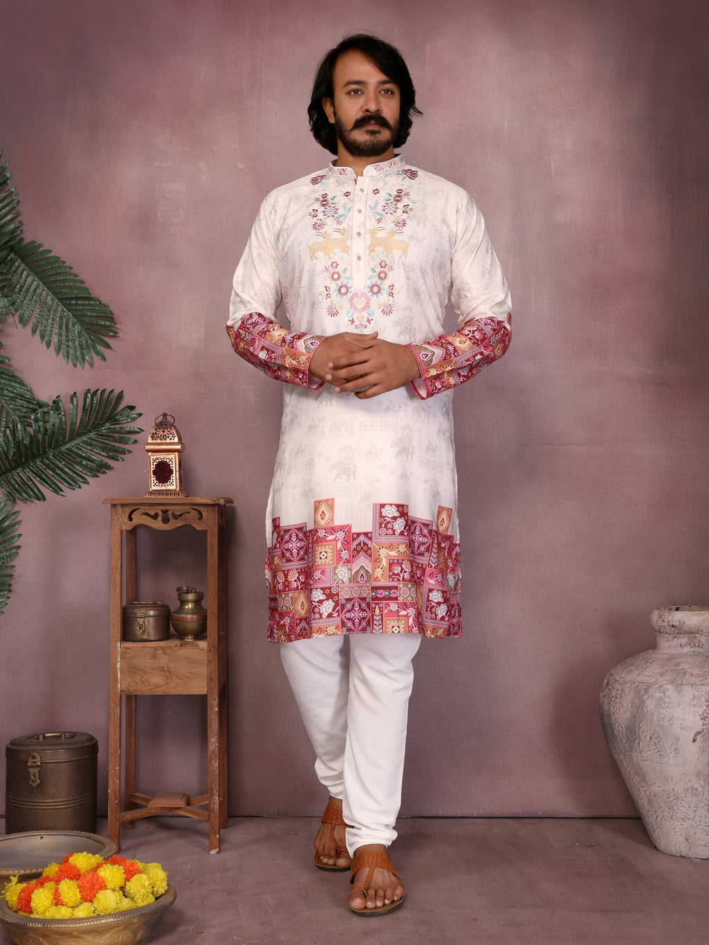 Jyoti Fashion Men's White Sequins Embroidered Kurta with Pajama | Grocsy