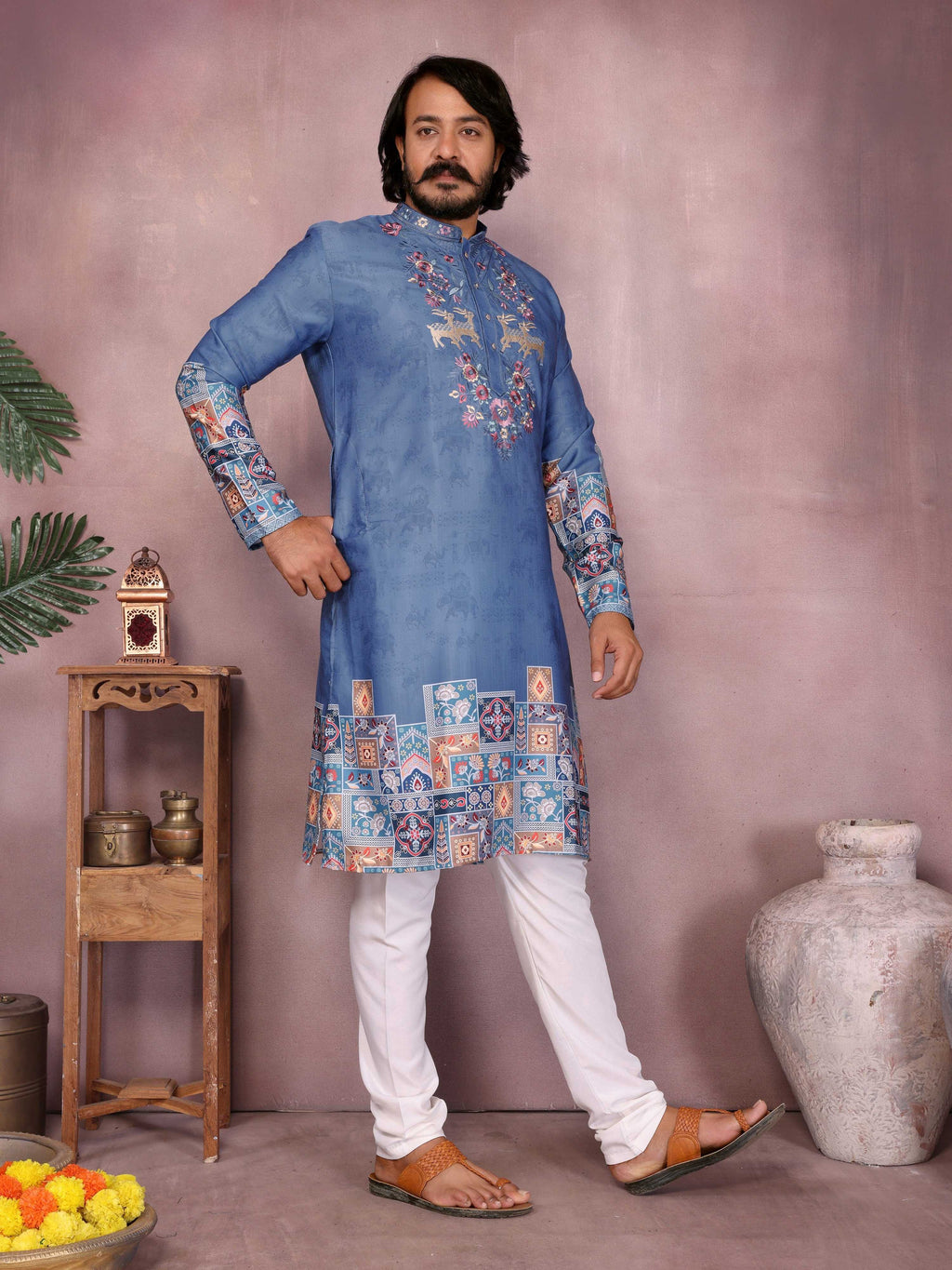 Jyoti Fashion Men's Blue Sequins Embroidered Kurta with Pajama | Grocsy