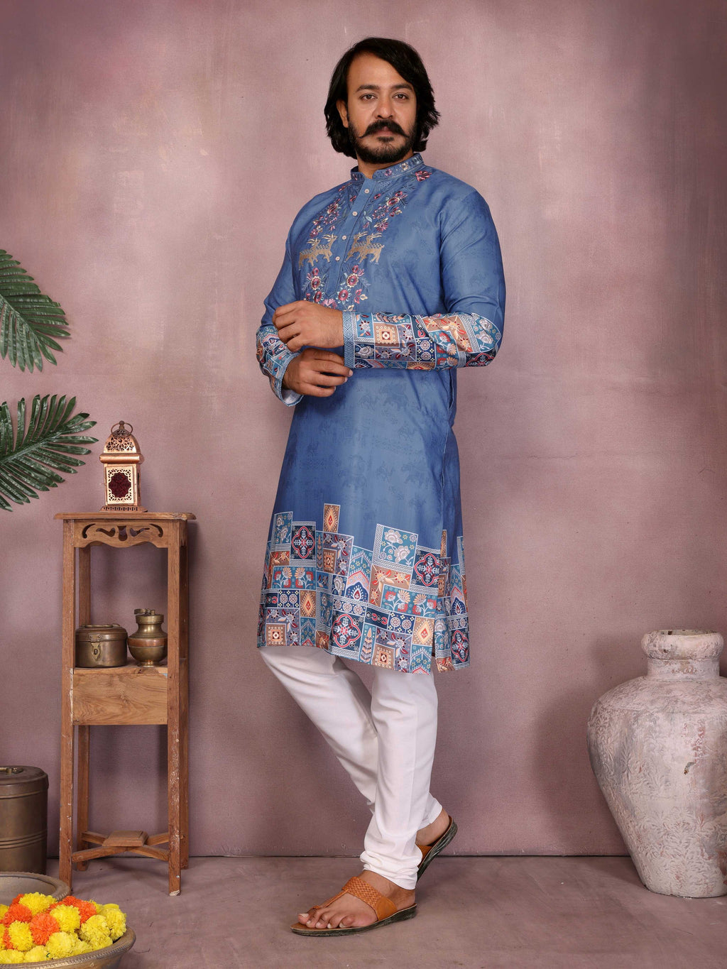 Jyoti Fashion Men's Blue Sequins Embroidered Kurta with Pajama | Grocsy