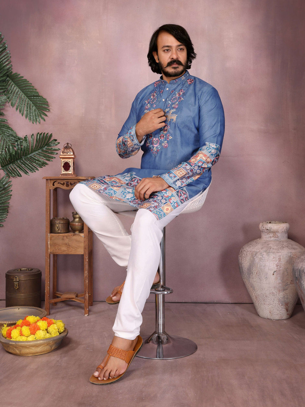 Jyoti Fashion Men's Blue Sequins Embroidered Kurta with Pajama | Grocsy