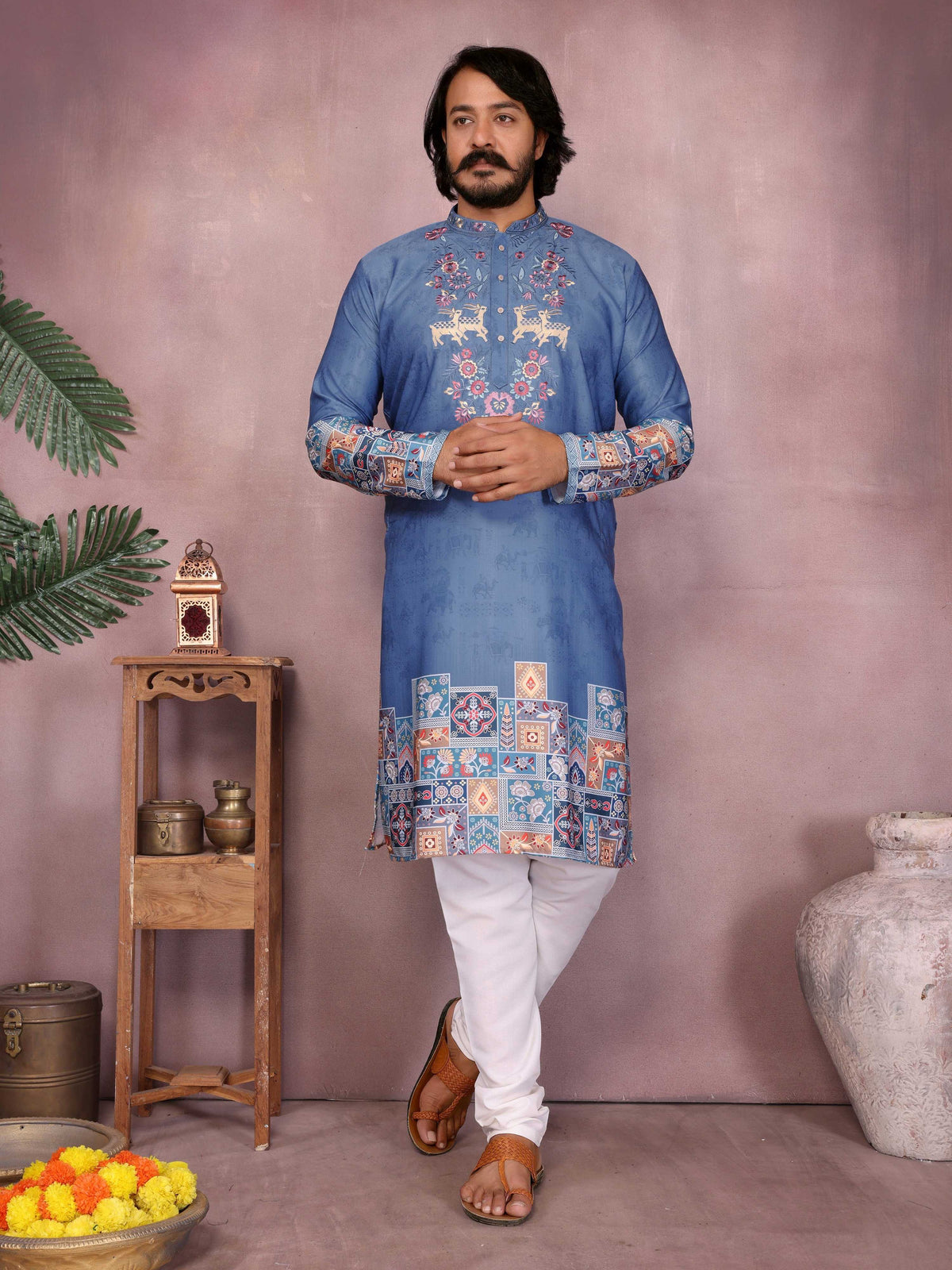 Jyoti Fashion Men's Blue Sequins Embroidered Kurta with Pajama | Grocsy