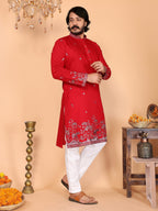 Jyoti Fashion Men's Red Sequins Embroidered Kurta with Pajama | Grocsy