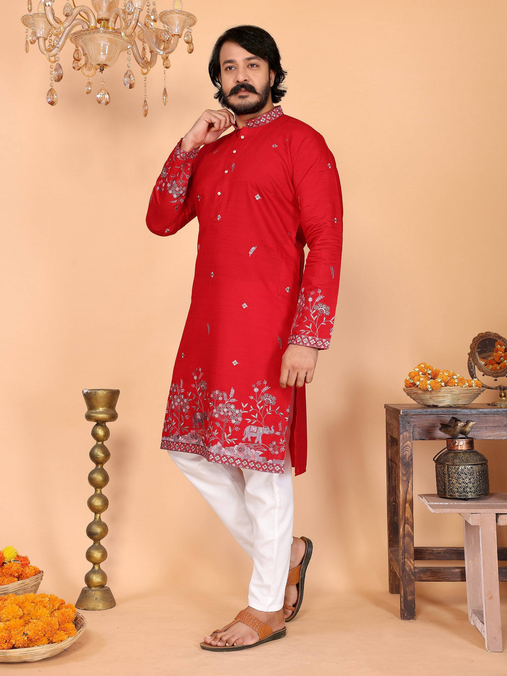Jyoti Fashion Men's Red Sequins Embroidered Kurta with Pajama | Grocsy