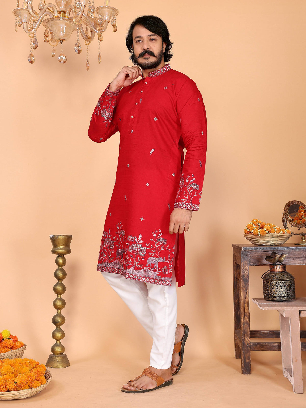 Jyoti Fashion Men's Red Sequins Embroidered Kurta with Pajama | Grocsy