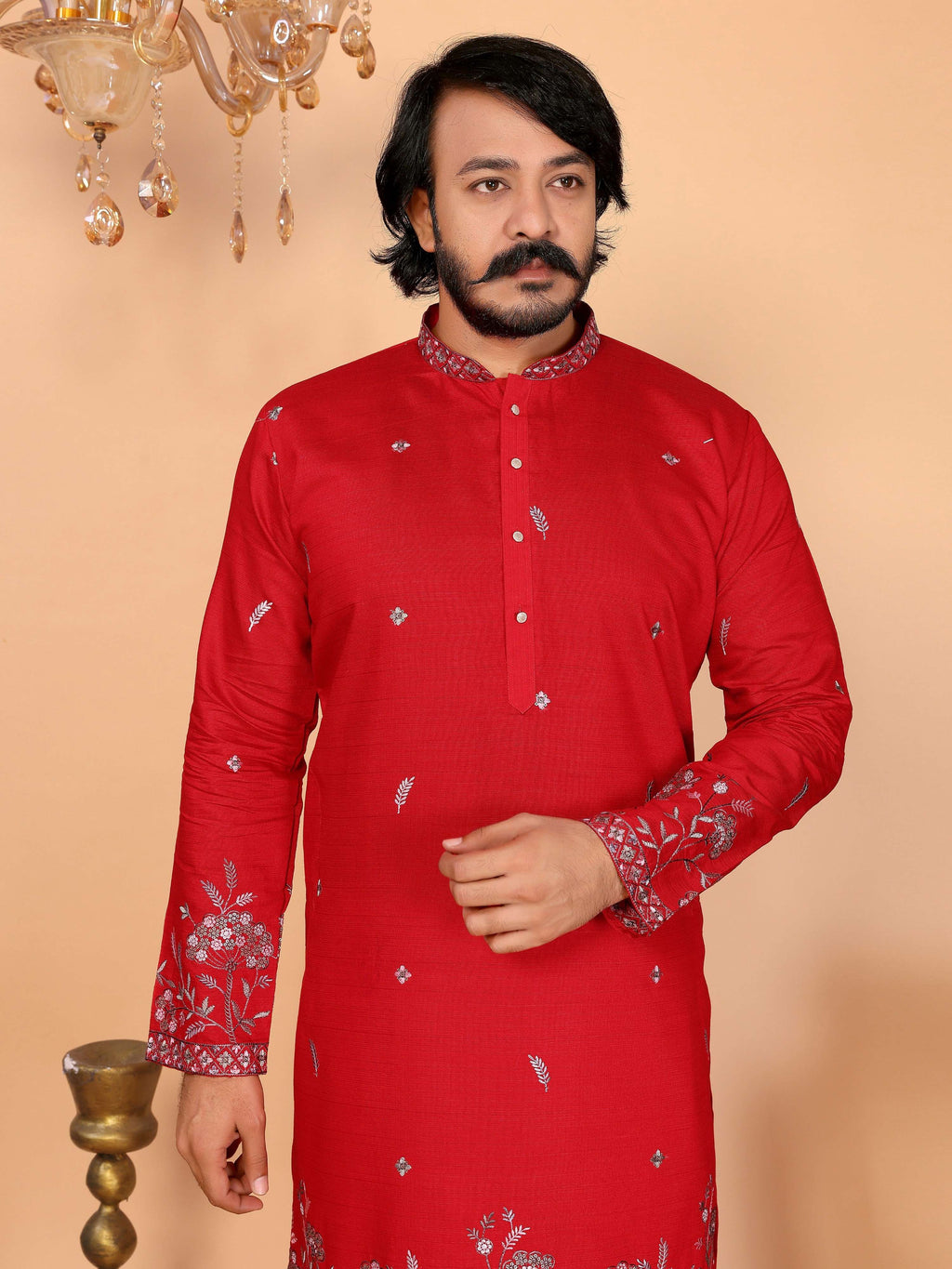 Jyoti Fashion Men's Red Sequins Embroidered Kurta with Pajama | Grocsy