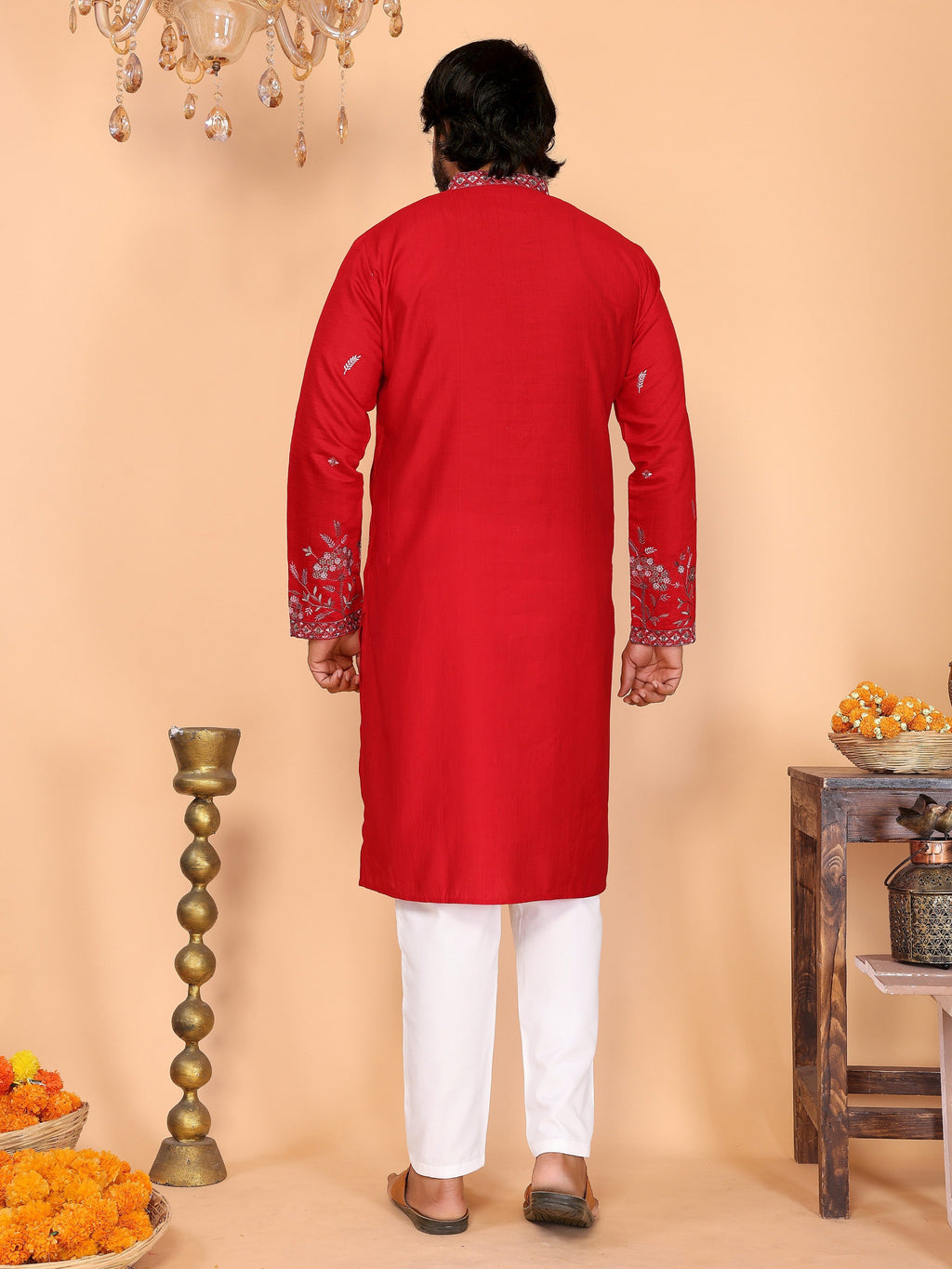 Jyoti Fashion Men's Red Sequins Embroidered Kurta with Pajama | Grocsy