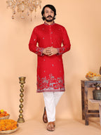 Jyoti Fashion Men's Red Sequins Embroidered Kurta with Pajama | Grocsy