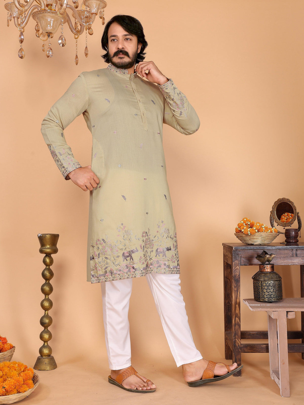 Jyoti Fashion Men's Sea Green Sequins Embroidered Kurta with Pajama | Grocsy