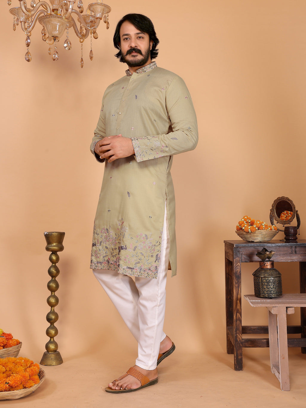 Jyoti Fashion Men's Sea Green Sequins Embroidered Kurta with Pajama | Grocsy