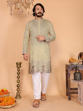 Jyoti Fashion Men's Sea Green Sequins Embroidered Kurta with Pajama | Grocsy